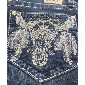 Grace in LA Women's Western Steer Head Feather Embellished Bootcut Stretch Jeans